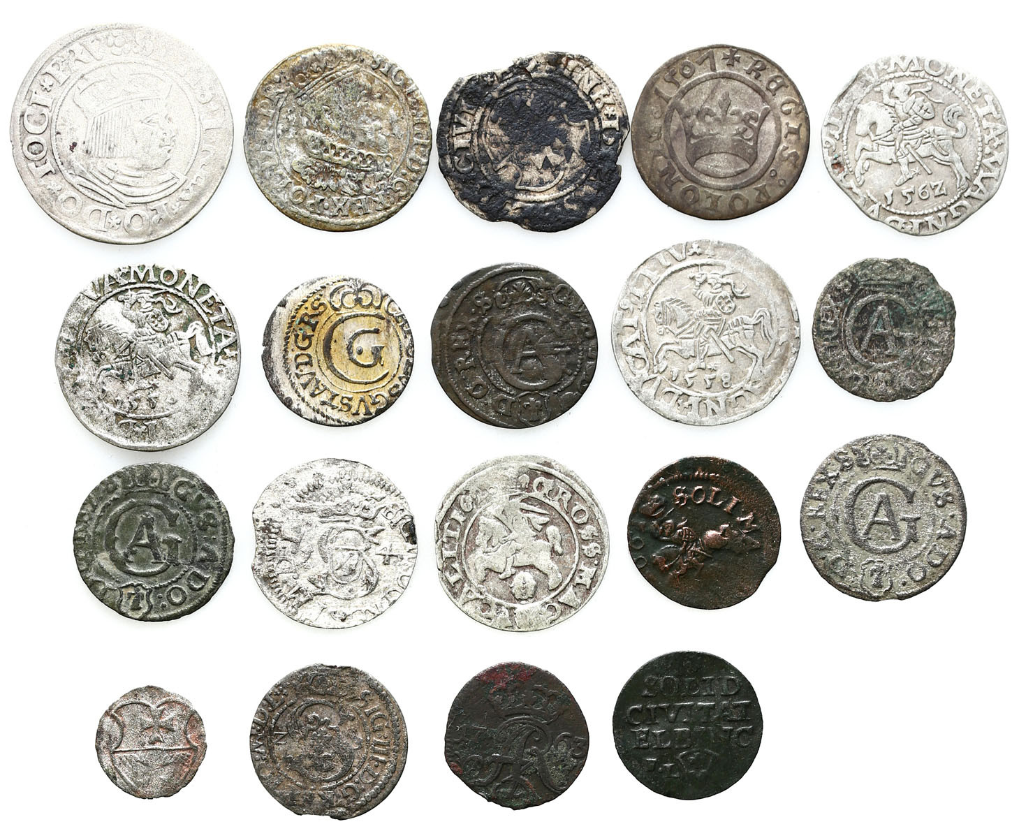 Polska i Inflanty, XVI-XVIII wiek. Denar, półgrosz, grosz, szeląg, zestaw 19 monet